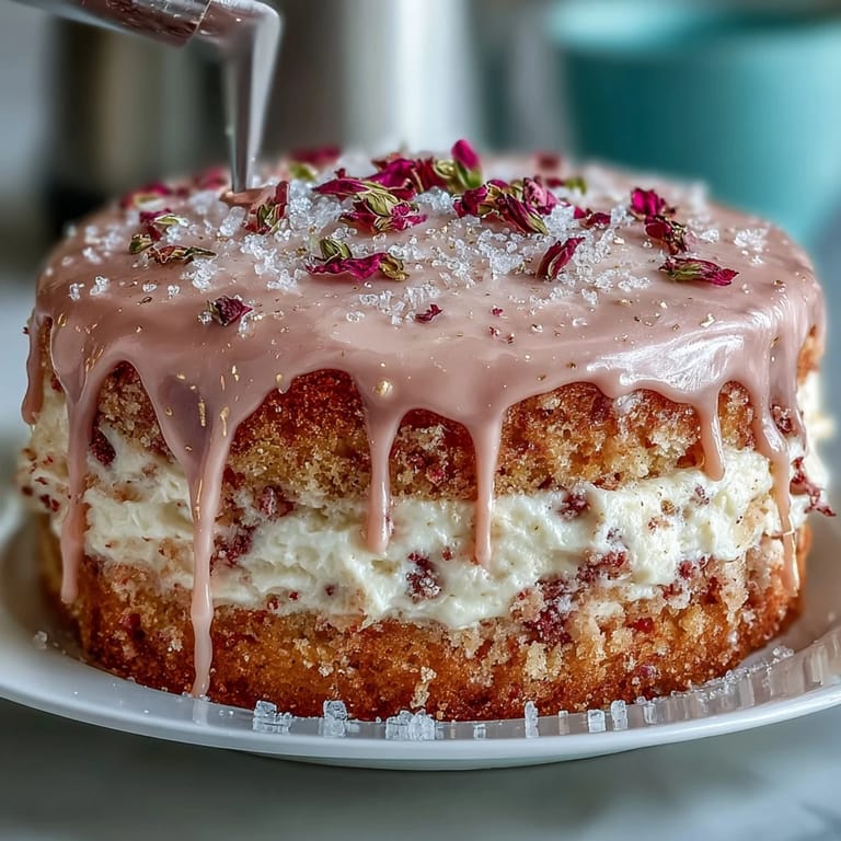 Decadent Bridal Shower Rosé Velvet Cake, beautifully frosted with a golden cascade.
