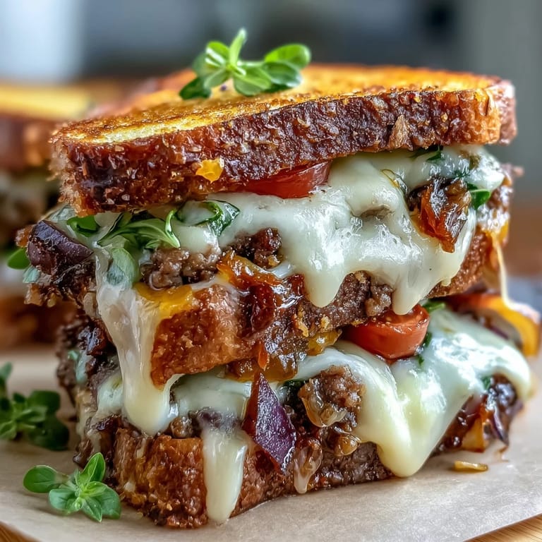 Savory Cheeseburger Grilled Cheese, a hearty and gooey sandwich with classic American flavors.