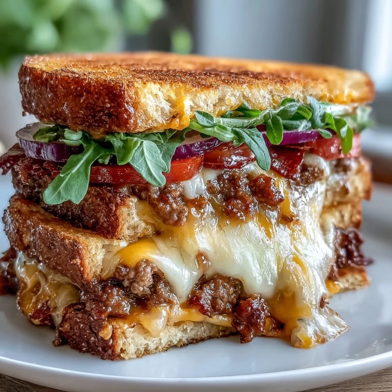 Perfectly grilled Cheeseburger Grilled Cheese stacked high with beef, veggies, and melted cheese.