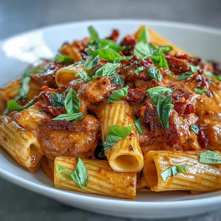 Delectable Spicy Vodka Rigatoni, showing tender pasta tossed in a velvety tomato cream.