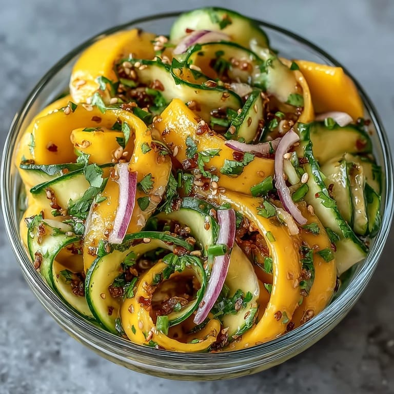 Freshly prepared mango cucumber Tajín ribbon salad garnished with pepitas.