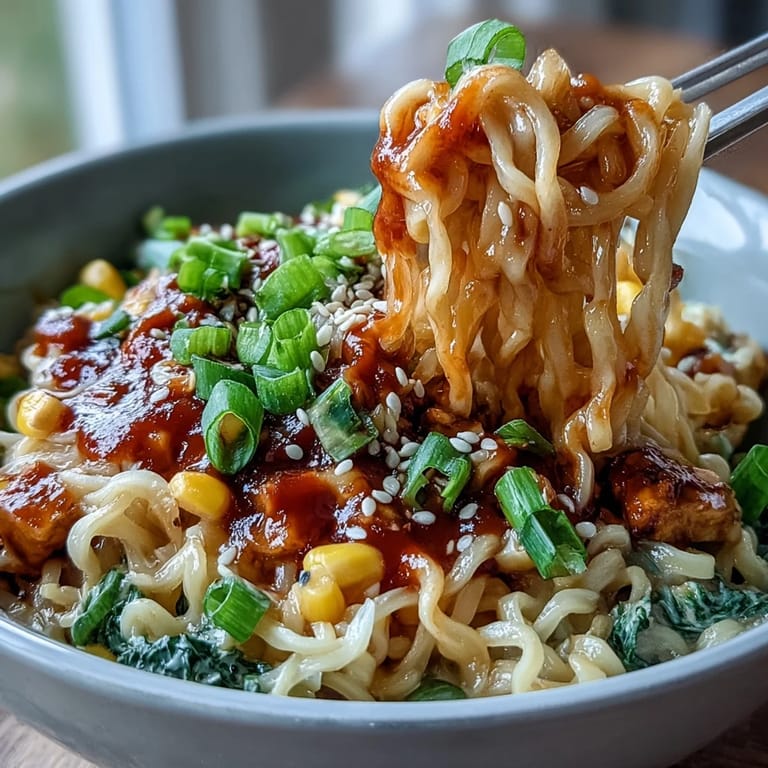 Close-up of steamy corn buldak ramen, showcasing its rich, fiery, and creamy sauce.