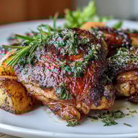 A golden tray of herb roasted chicken thighs, tender carrots, and crispy potatoes, all seasoned with rosemary and thyme.