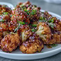 Crispy air fryer cauliflower florets tossed in tangy General Tso's sauce, garnished with sesame seeds and scallions.  