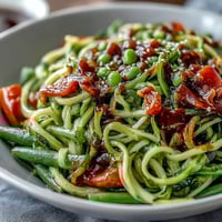 Zucchini noodles stir-fried with crisp vegetables and creamy peanut sauce, garnished with roasted peanuts for crunch.