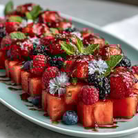 A vibrant fruit table centerpiece with edible flowers, perfect for a festive graduation celebration.