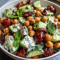 A vibrant Healthy Easy Cucumber Chickpea Salad with Lemon Vinaigrette, bursting with fresh herbs and crisp vegetables.  
