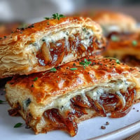 Golden French Onion Puff Pastry Tart with caramelized onions, melted Gruyère cheese, and fresh thyme on flaky pastry, served warm for a savory appetizer.