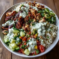 Delectable Middle Eastern Shawarma Bowl brimming with spiced chicken and fresh veggies.