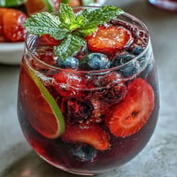 Vibrant iced hibiscus berry tea, bursting with fresh fruit and herbs, ready to serve.