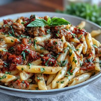 Creamy tomato sausage pasta dish with a rich, luscious sauce and plump pasta.