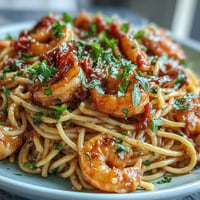 Garlic butter shrimp buldak pasta, fiery red sauce coating tender noodles and plump shrimp.